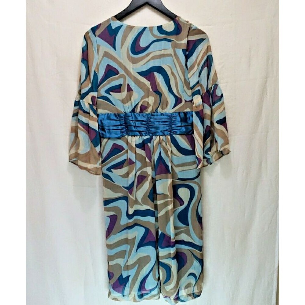 CATO Dress Sz 8 Blue Purple Geometric Psychedelic Retro Empire Waist Bell Sleeve - Picture 5 of 11